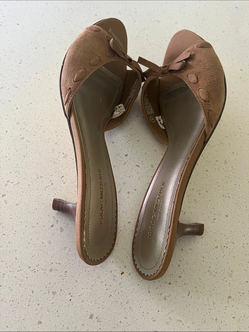 Isaac Mizrahi Tan Brown Open-Toe Slide Mules with Bow Accent